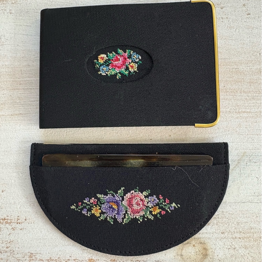 2pc Vintage Beauty Mate Floral Petit Point Mirror Comb & Notebook Germany